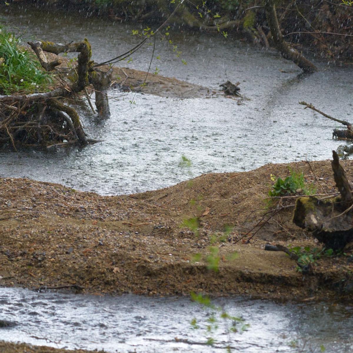 Sandbank im Bachbett während eines Starkregens.